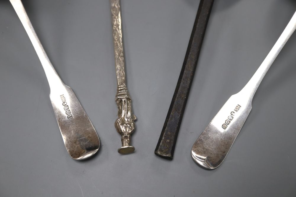 A pair of George IV silver fiddle pattern sauce ladles, Patrick Sutherland, Edinburgh, 1826 and two antique spoons